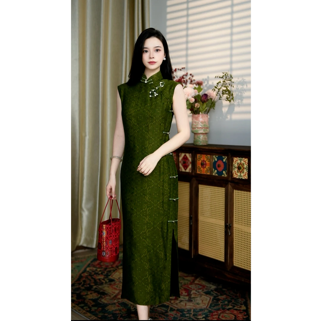 锦笙 |秋语125cm改良新中式无袖手工拉链定制高端真丝秋夏旗袍