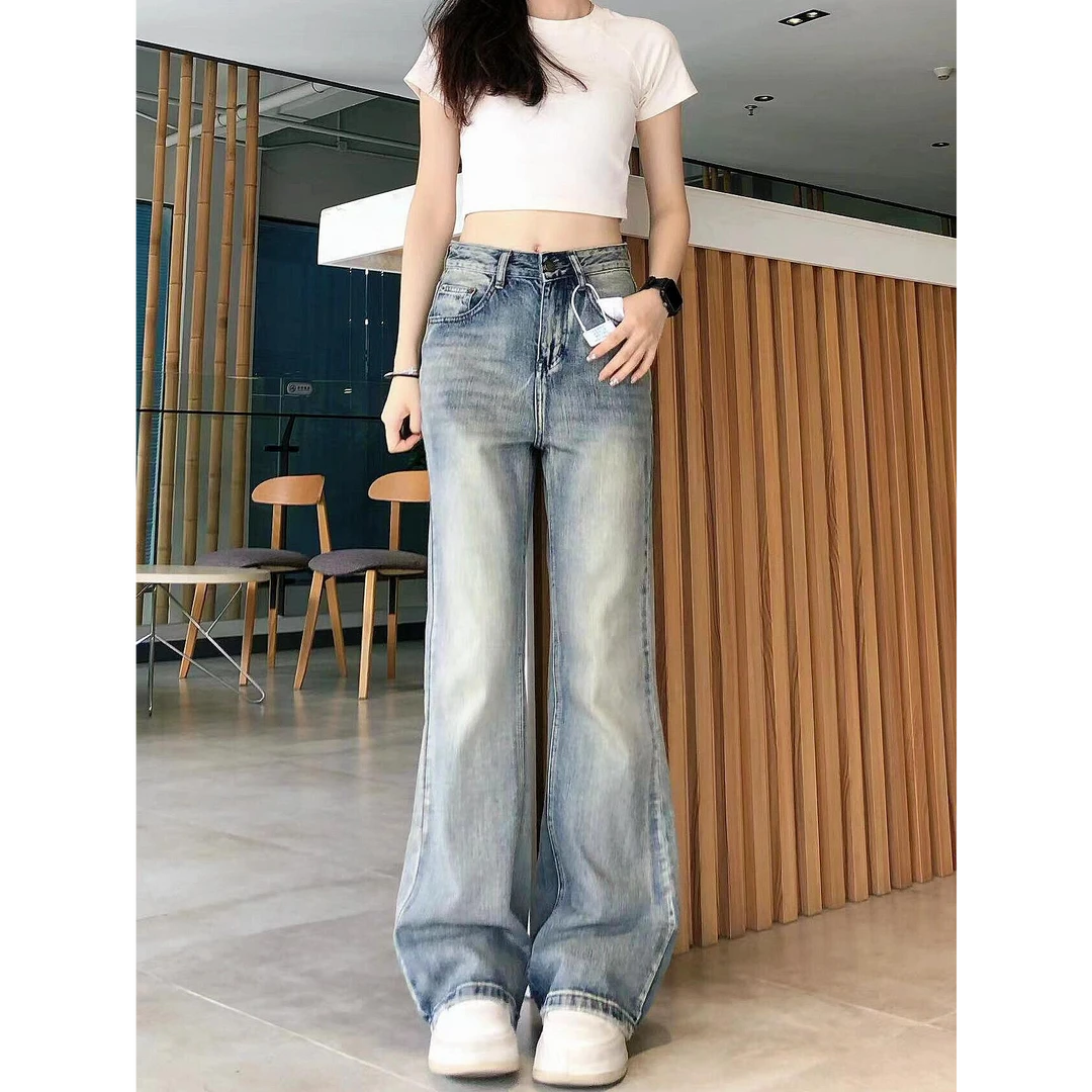 美式复古不贴腿微喇牛仔裤女春季2025新款高腰水洗宽松显瘦拖地裤