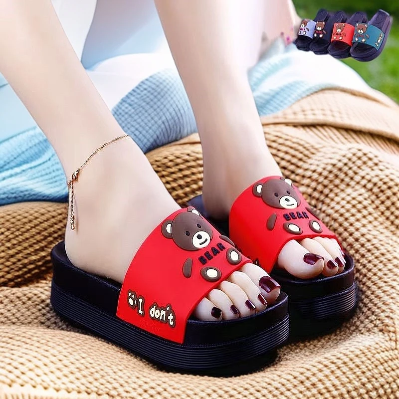 夏季卡通小熊女拖鞋增高沙滩百搭时尚女夏外穿厚底女士防滑一字托