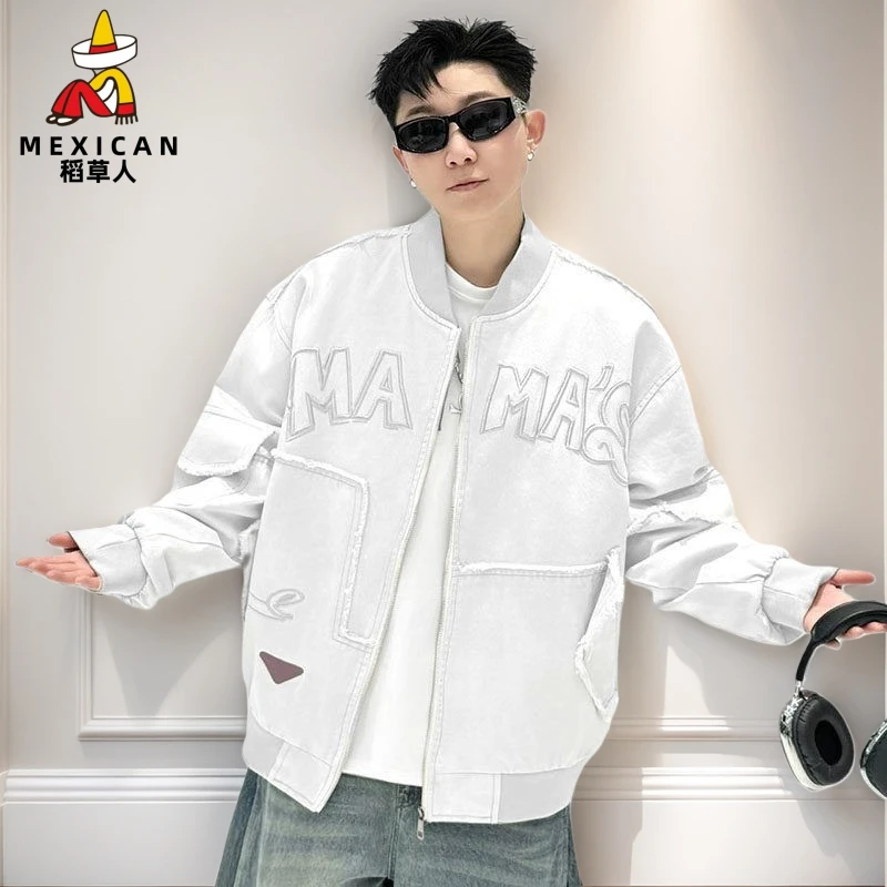 稻草人棒球牛仔外套2025春季新款宽松复古刺绣夹克美式潮流学生春