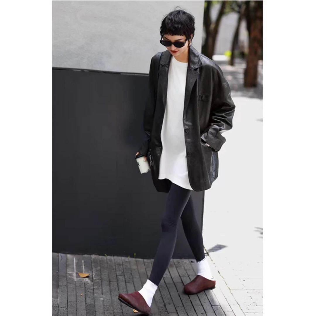 8216-春季TB原创时尚韩版复古气质西装领皮衣宽松休闲百搭Pu外套