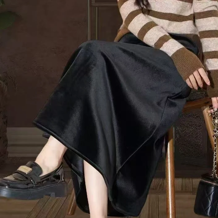 【丝绒裙】玉姐家百搭中高腰A字中长款显瘦加绒半身裙f724 J05203