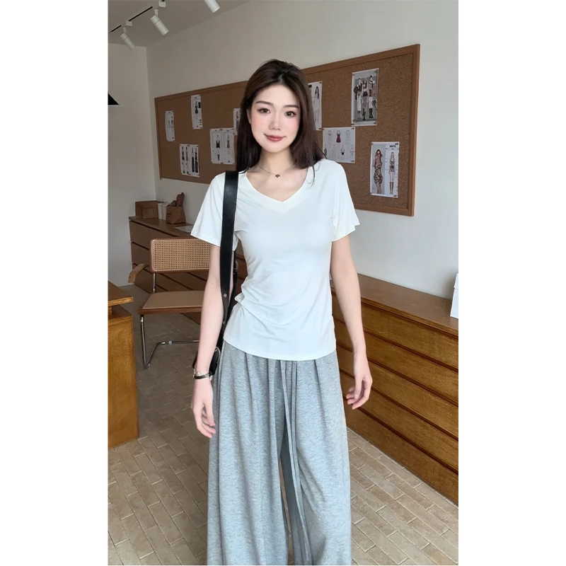 48H【掐腰韩漫t】加长纯欲V领百搭掐腰显瘦正肩T恤打底衫上衣 SU083