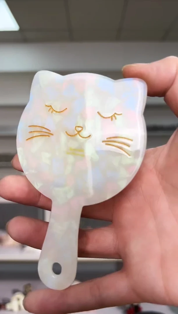 醋酸非金属韩国醋酸品牌发饰小猫咪超厚手持镜子一支