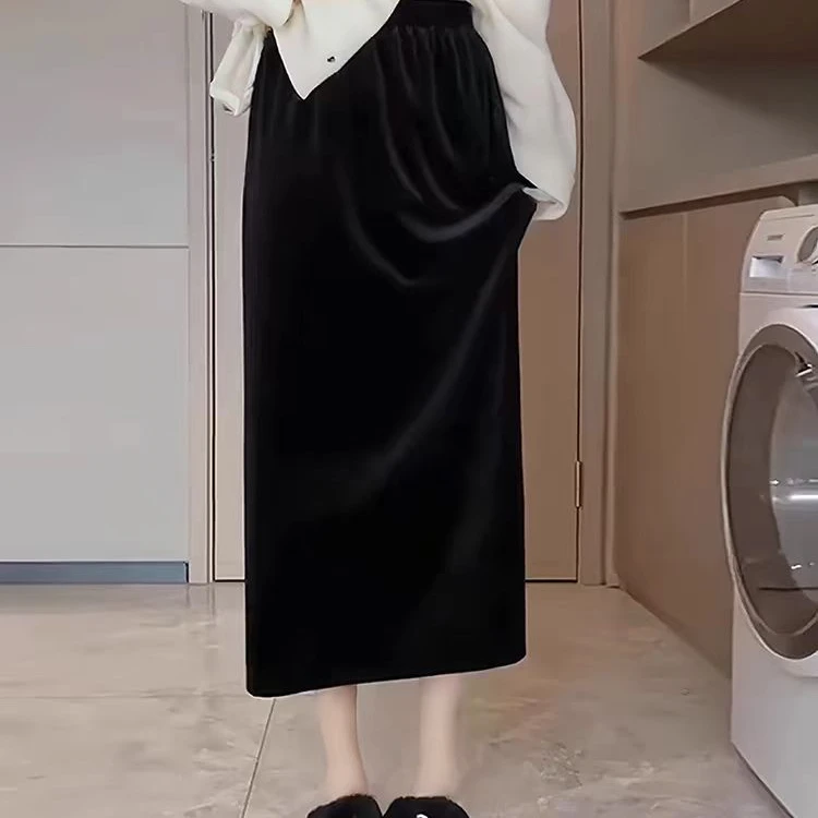 【兰兰专享】加绒加厚金丝绒半身裙黑色后开叉包臀秋冬休闲打底裙