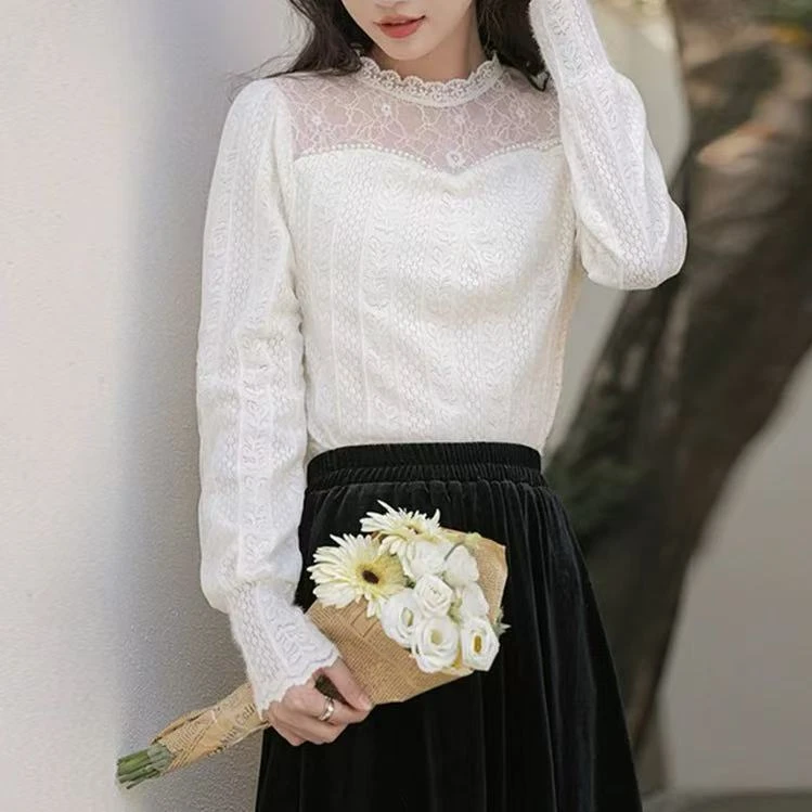 5603#显瘦百搭甜美镂空蕾丝衫温柔风打底上衣