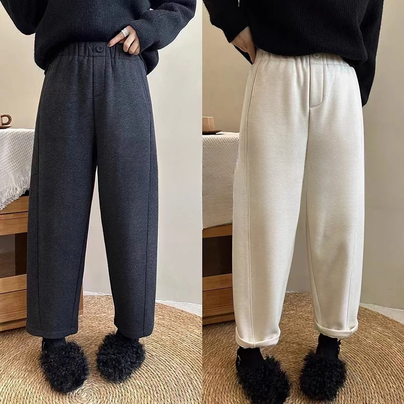 杏色慵懒风加绒休闲裤女2025秋冬新款梨形身材高腰宽松显瘦毛呢裤