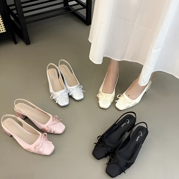 春夏方头法式缎面温柔蝴蝶结仙女风粗跟后空粗跟凉鞋5112-9