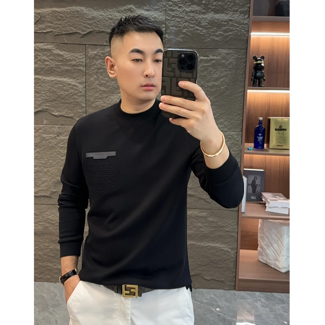 GCONE男士秋冬时尚高品质轻奢圆领领长袖T恤打底衫休闲简约纯色