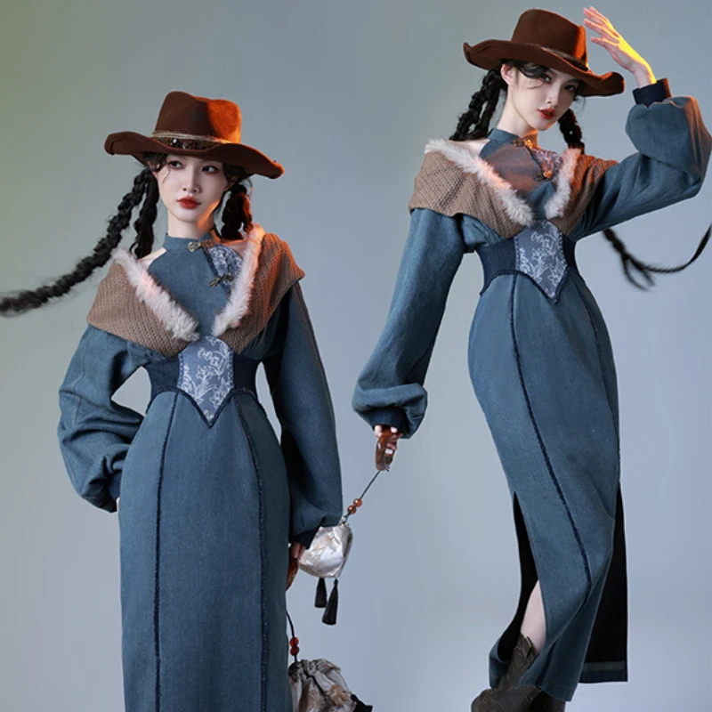 四斤自制【丹宁记忆】牛仔假两件酷西部游牧显瘦秋冬新中式旗袍裙