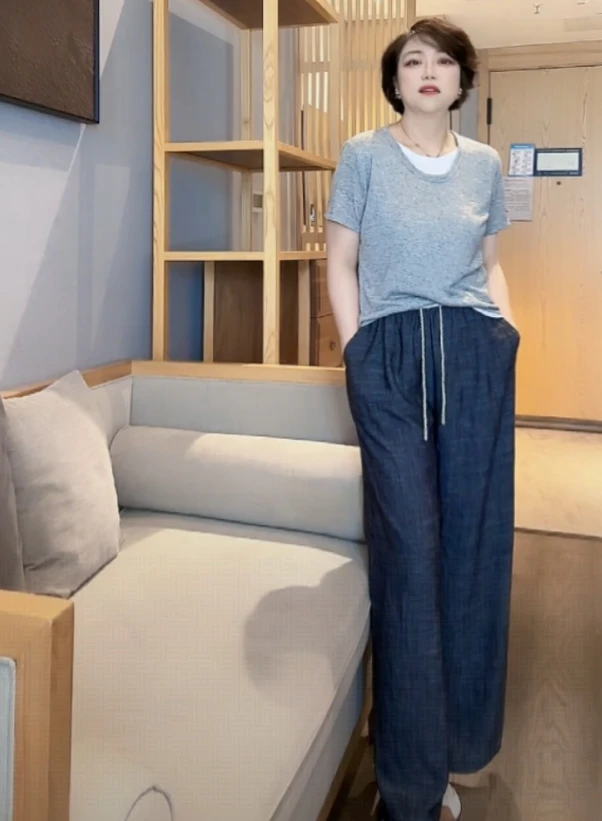 【U.M】高支麻直筒拼接抽绳舒适休闲裤