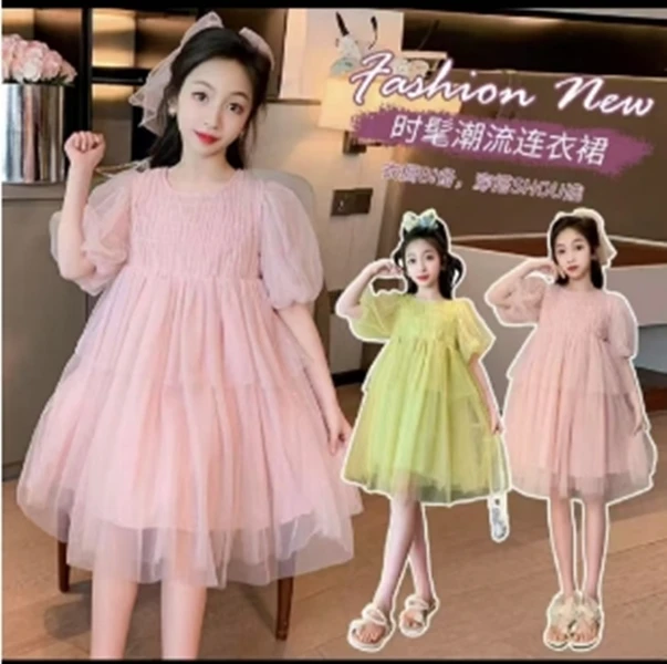 韩版童装2025春款新品女童时尚拼接网纱公主裙洋气泡泡袖连衣裙