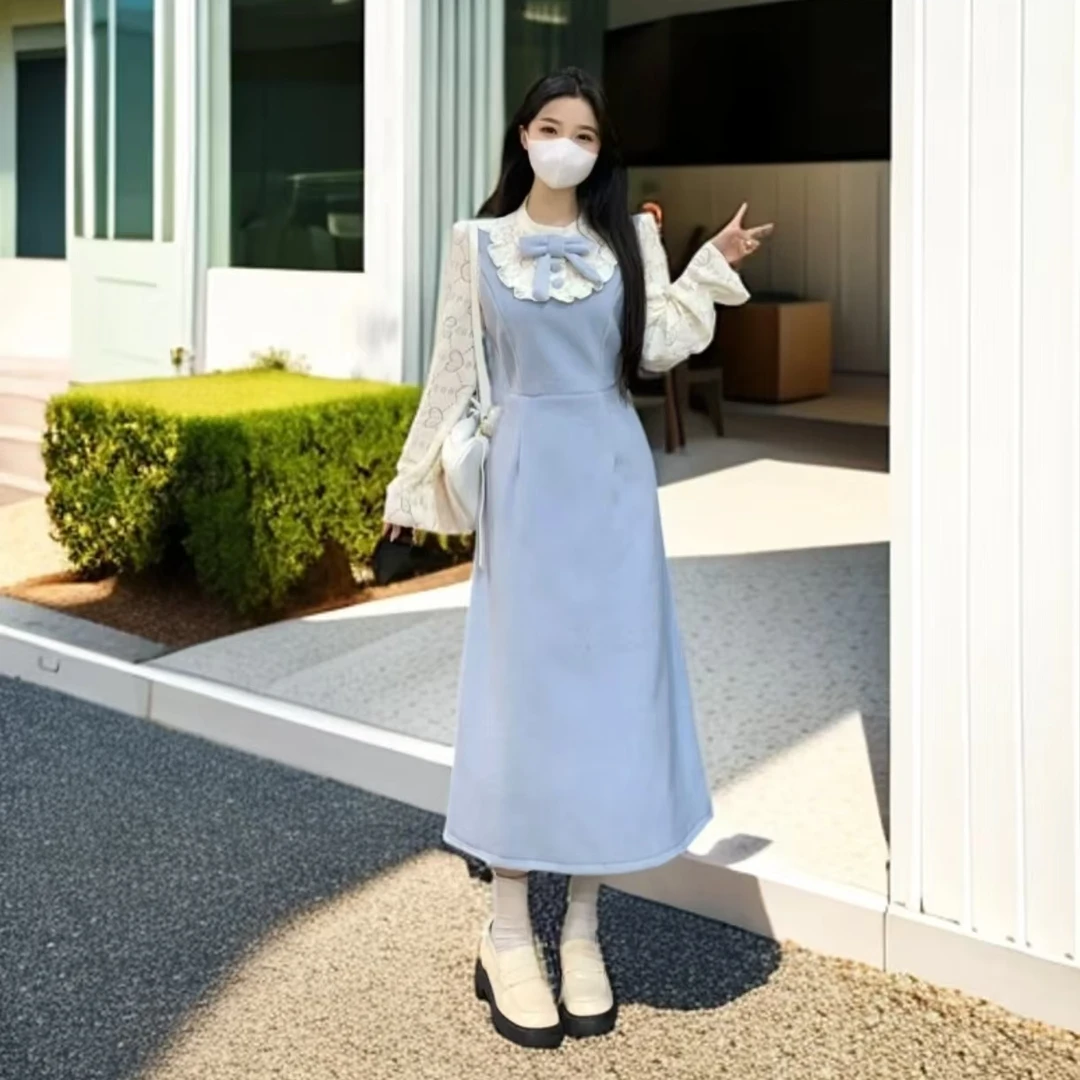 大码法式复古甜美风千金假两件连衣裙10424