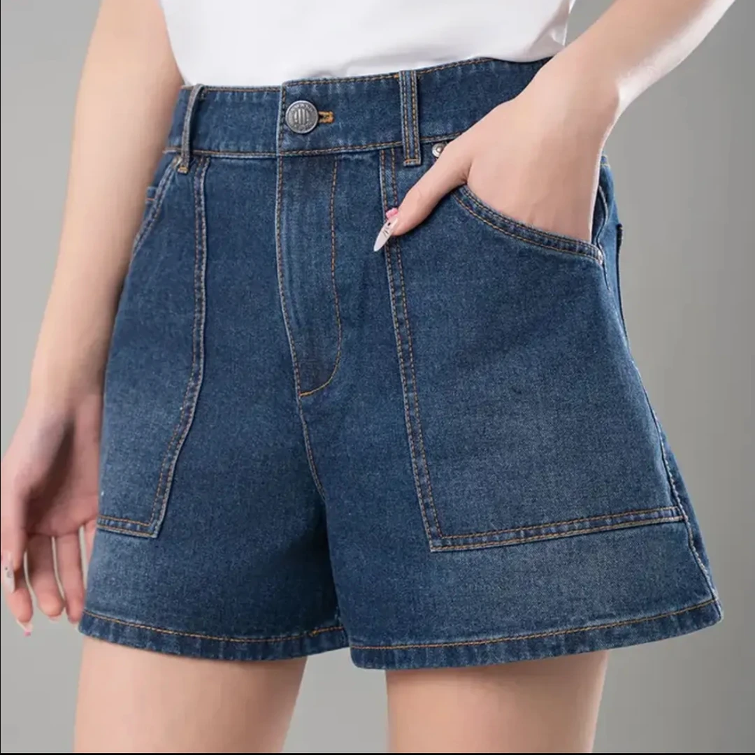 AMASS/阿玛施夏季经典百搭通勤舒适高腰贴袋A字牛仔短裤510006