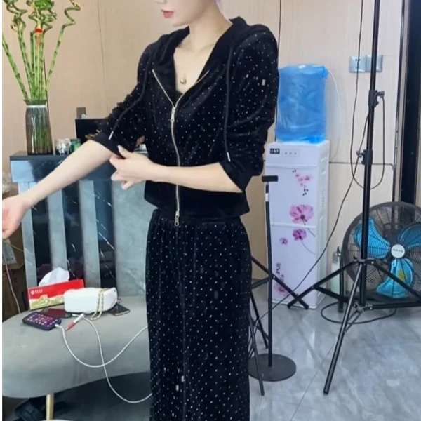 2025时尚新款丝绒法式设计感套装阔腿裤百搭高级套装洋气女神