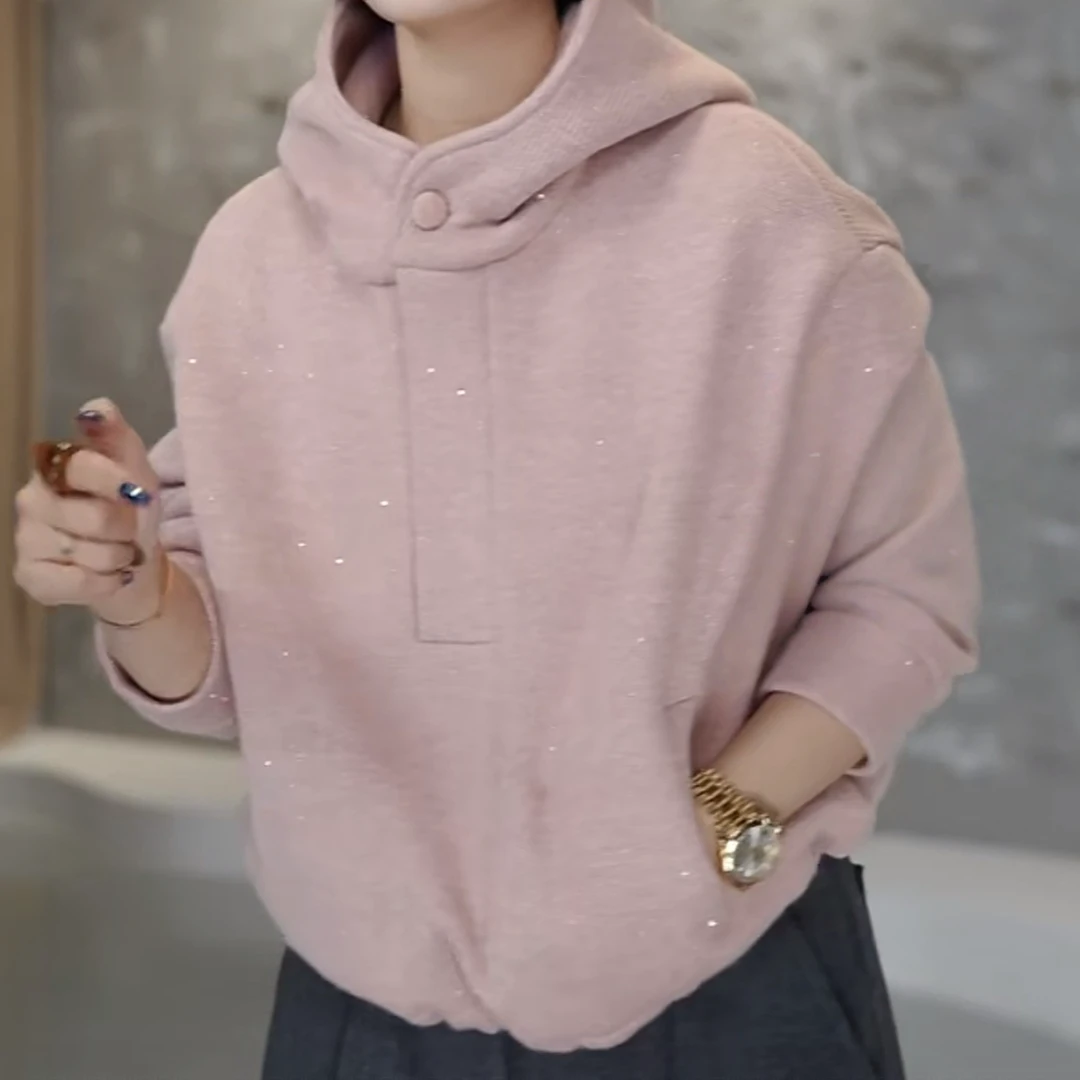 “粉色高光”2025冬季新款闪银烫钻连帽半开襟扣加绒抽绳百搭卫衣女