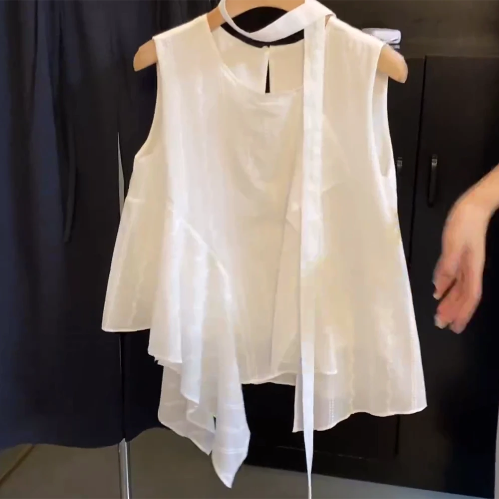 【月下听风】韩版圆领刺绣不规则荷叶边配飘带无袖衬衫C5165