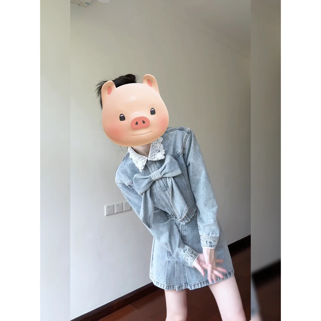 水洗做旧蝴蝶结牛仔外套牛仔半裙两件套女春秋学院风小众设计套装