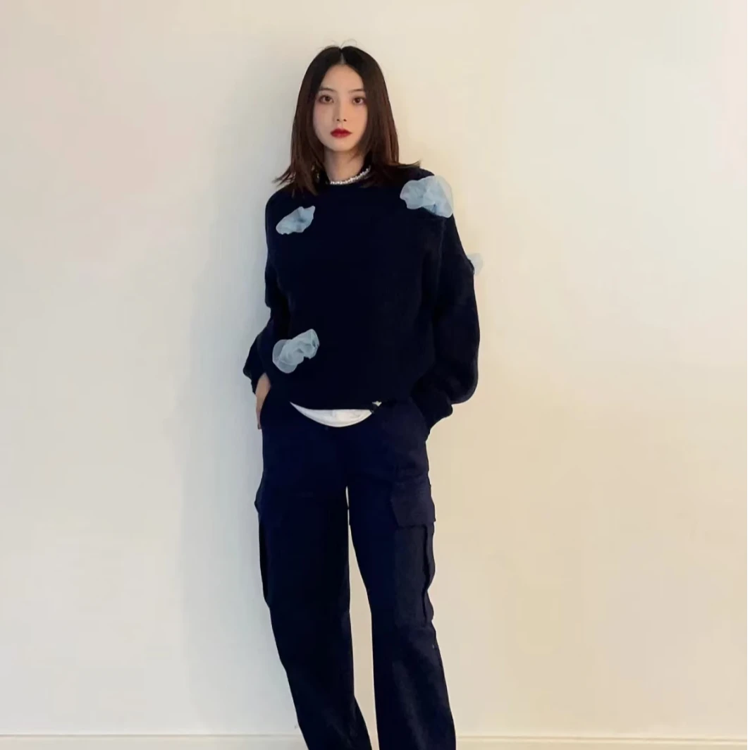 【蓝泡泡】2025早春新款时尚百搭设计感网纱拼接套头针织衫女.Y7739