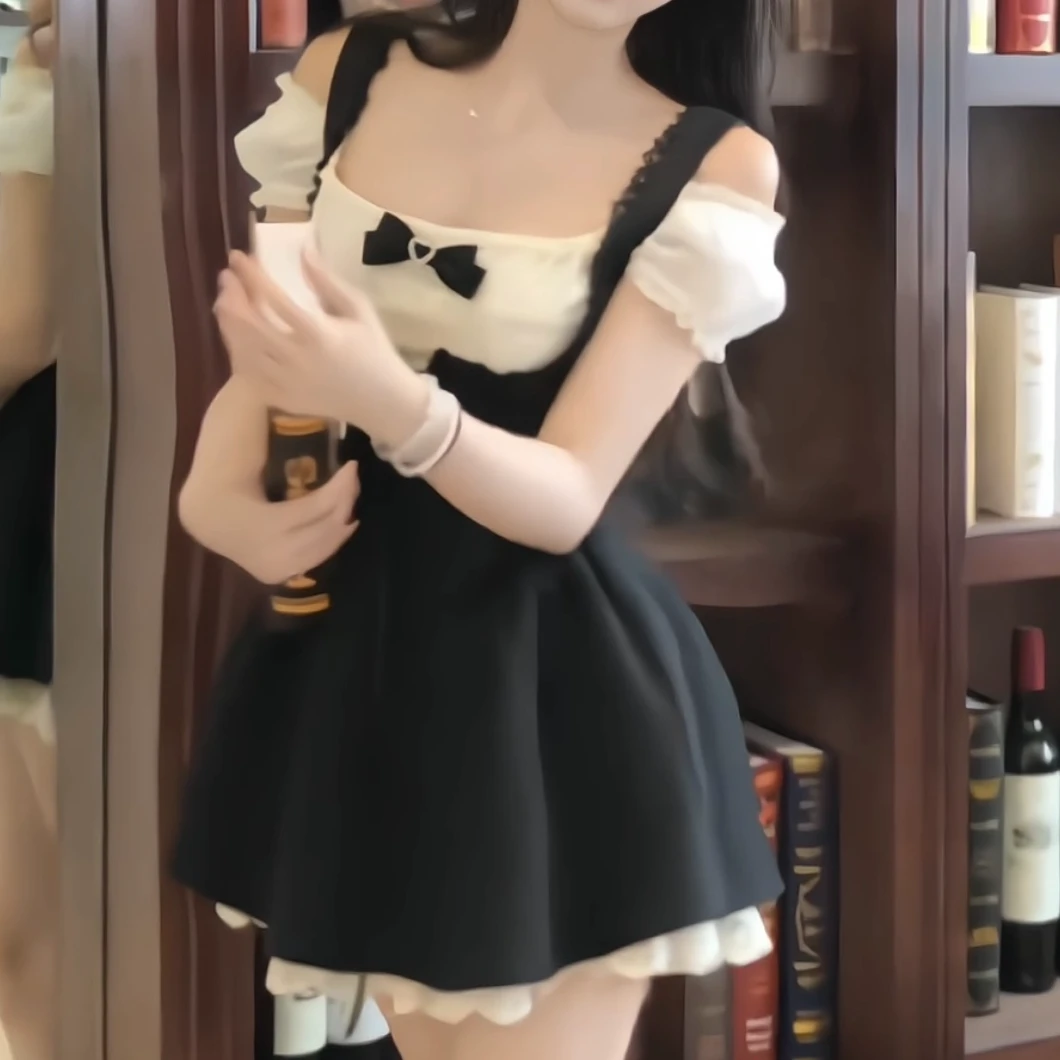 猫咪日记 夏季法式气质甜美可爱风温柔显瘦背带裙短袖上衣两件套