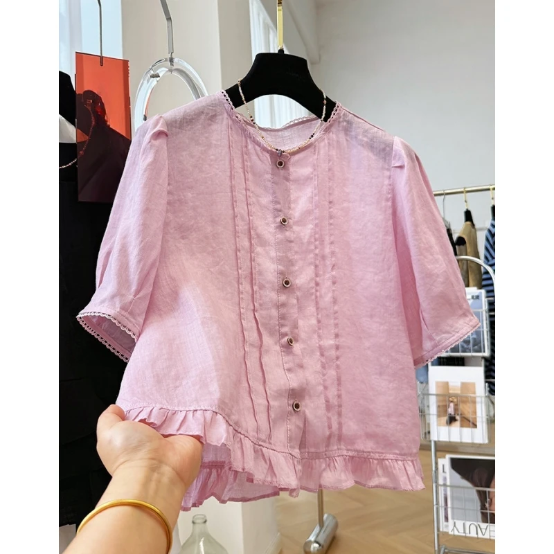 高端苎麻木耳边圆领短袖衬衫女夏季薄款法式小资小上衣巨好看小衫