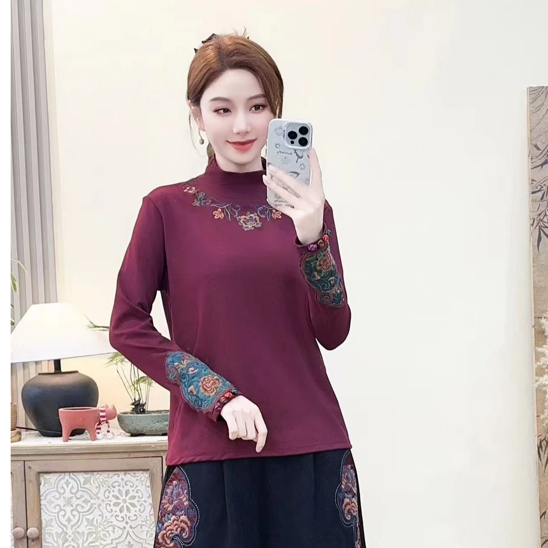 923297新款 国风绣花半高领打底上衣秋冬百搭女装时尚女士