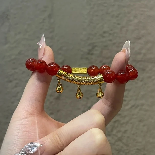 天然牛血红玛瑙铜合金高保色国风铃铛上上签送礼物助眠送女友手串