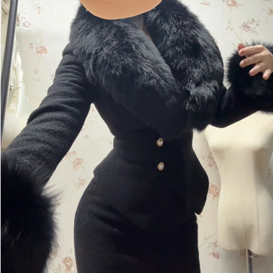 LHMknk1画报夫人复古vintage贵妇狐狸毛套装 金融女王黑色配黑色