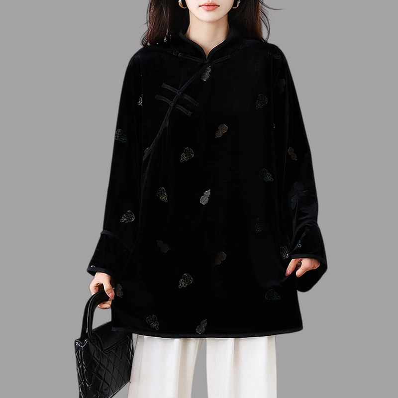 2025秋冬新款国风新中式刺绣长袖衬衫女复古风百搭宽松显瘦上衣