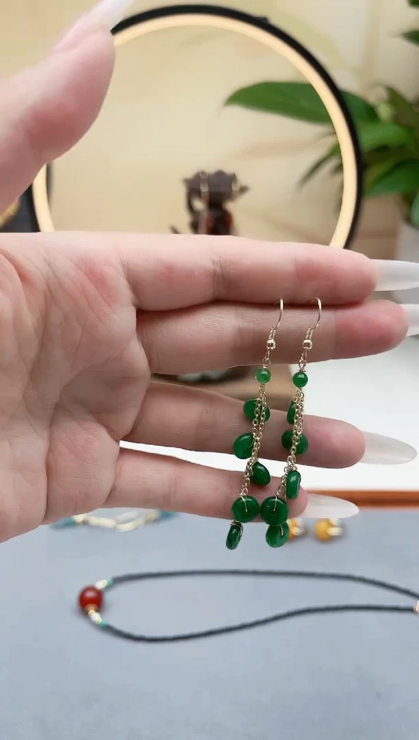 石英质玉银S925镶嵌耳饰00算盘珠绿色绿色
