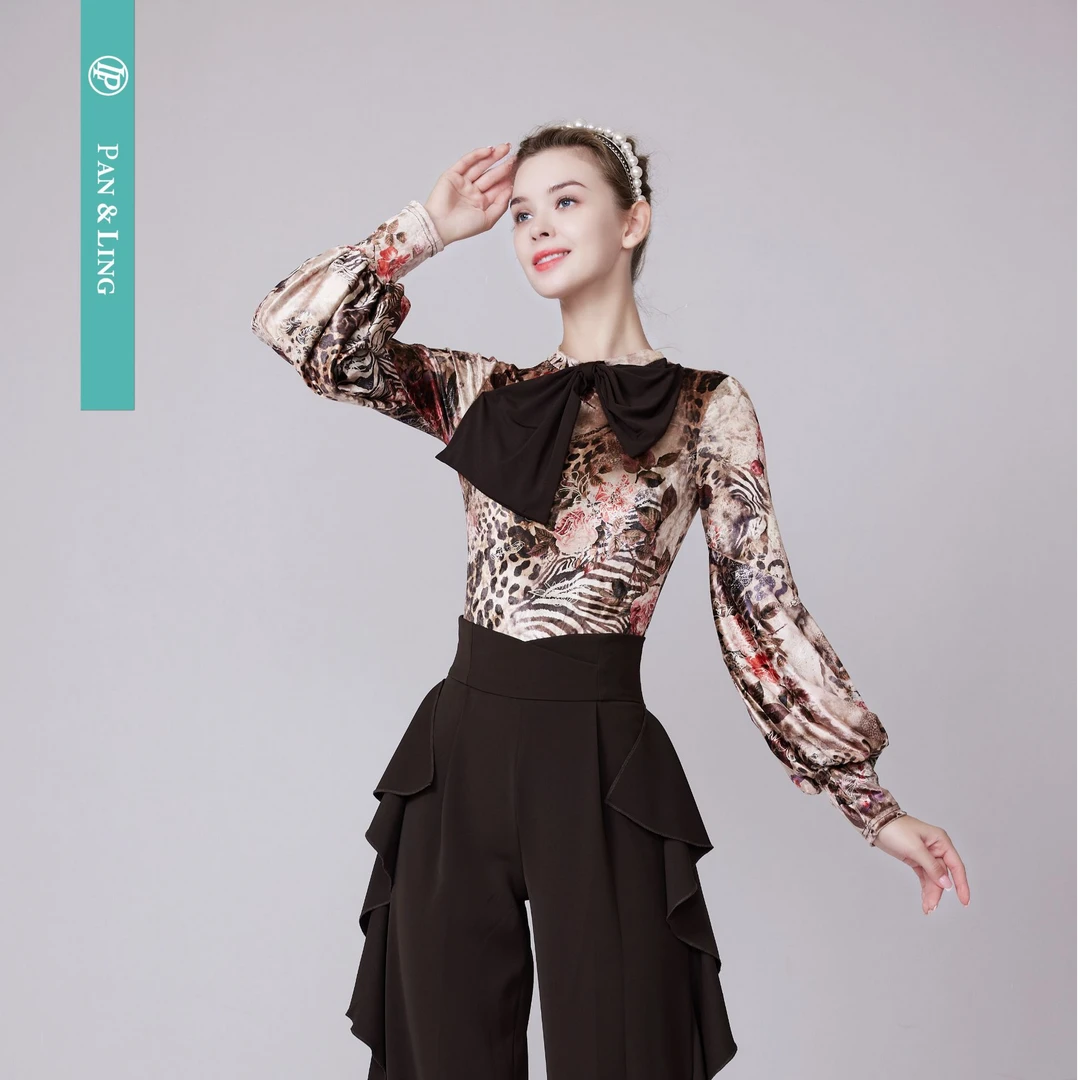 【LP舞服】原创设计-丝绒气质高领蝴蝶结时尚长袖上衣Y2490017