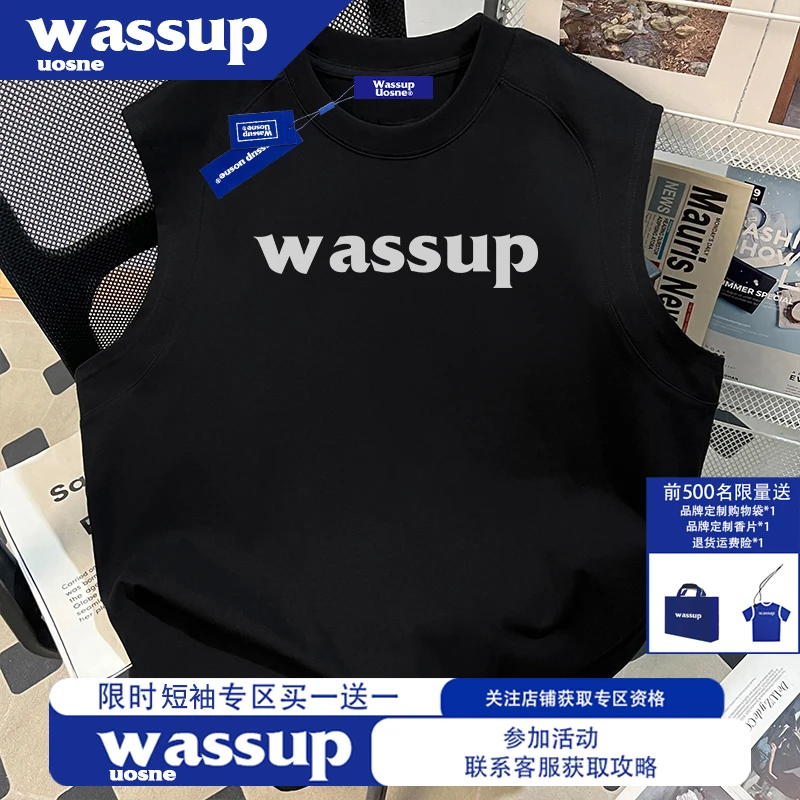 WASSUP UOSNE黑色纯棉无袖背心男夏季潮牌高级感衣服爆款2025新款