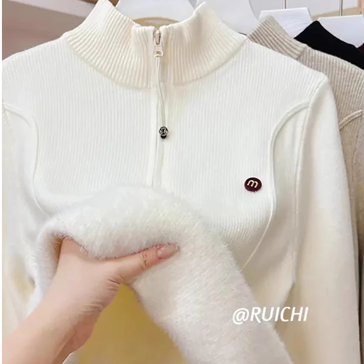 秋冬显瘦加绒半高领拉链毛衣针织衫女打底衫加厚一体绒内搭上衣女