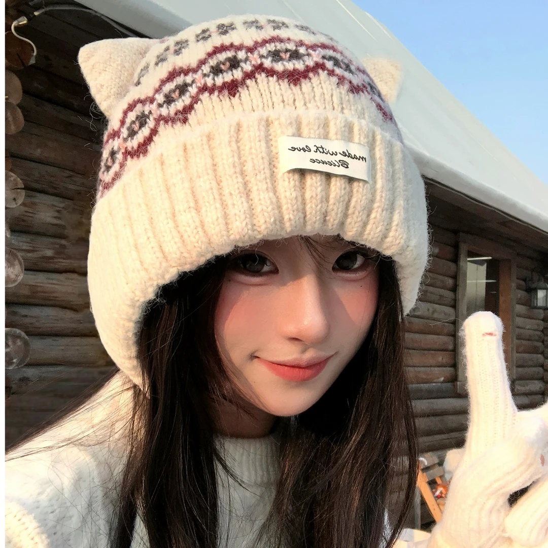 复古提花猫耳朵毛线帽女冬季费尔岛风大头围帽子保暖护耳针织冷帽