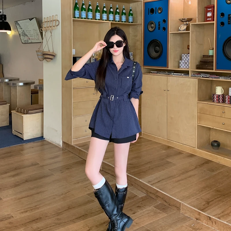 2025秋装新款胖mm大码女休闲条纹收腰显瘦长袖衬衫上衣