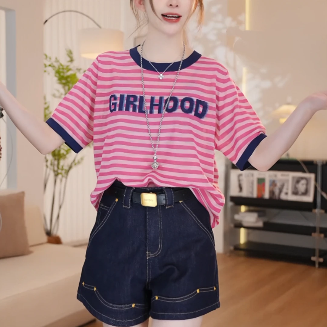 夏季凉感竹节麻针织上衣2025时尚宽松休闲百搭显瘦条纹上衣2930