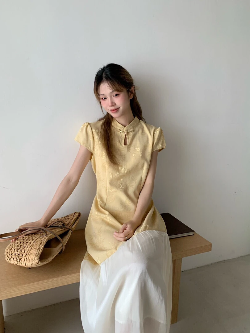 新中式中长款夏季半圆襟提花中国风荷叶裙连衣裙