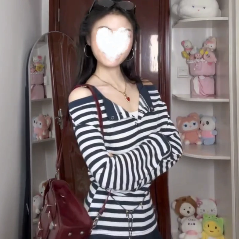 YIDENG韩系条纹一字肩长袖T恤2025秋季新款纯欲慵懒风休闲百搭上