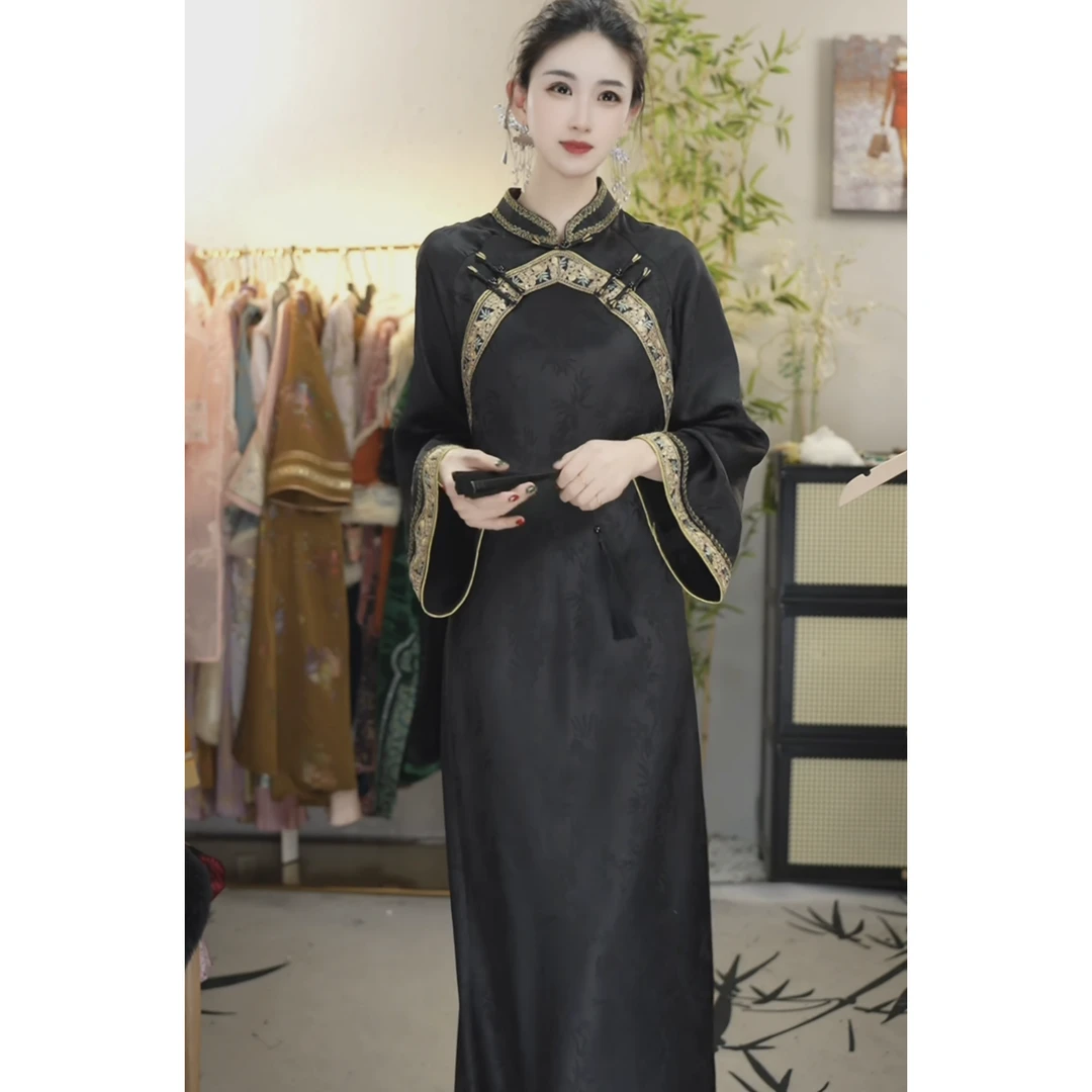 羽唐名2025春季新款黑色新中式中国风复古女装裙子（2554）