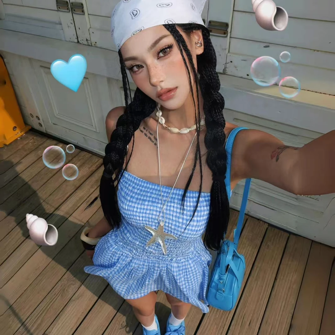 夏季复古挂脖格子背心裙显瘦气质少女风简约宽松设计辣妹高腰短款