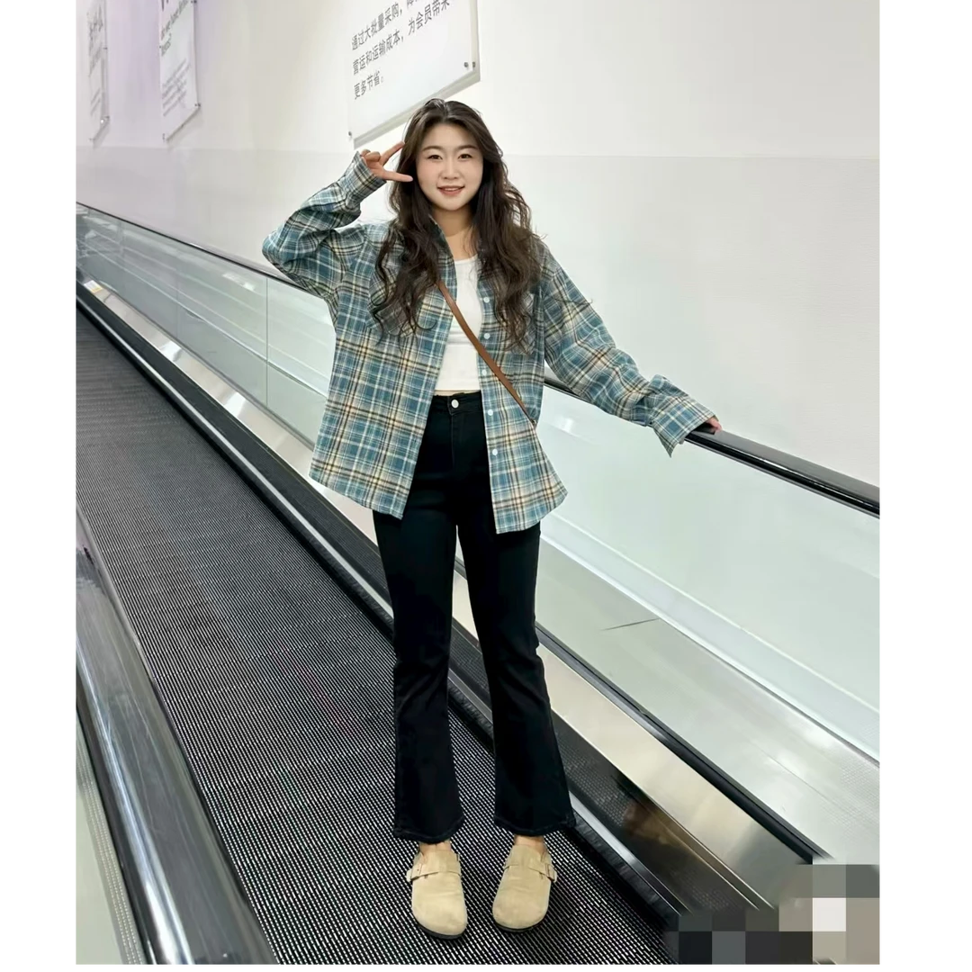 猫猫加长女裤黑色九分微喇牛仔裤78662B