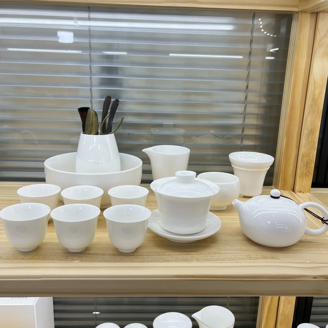 纯白悬停旋转马蹄盖碗23件茶具大全套六君子茶洗茶具安全包装