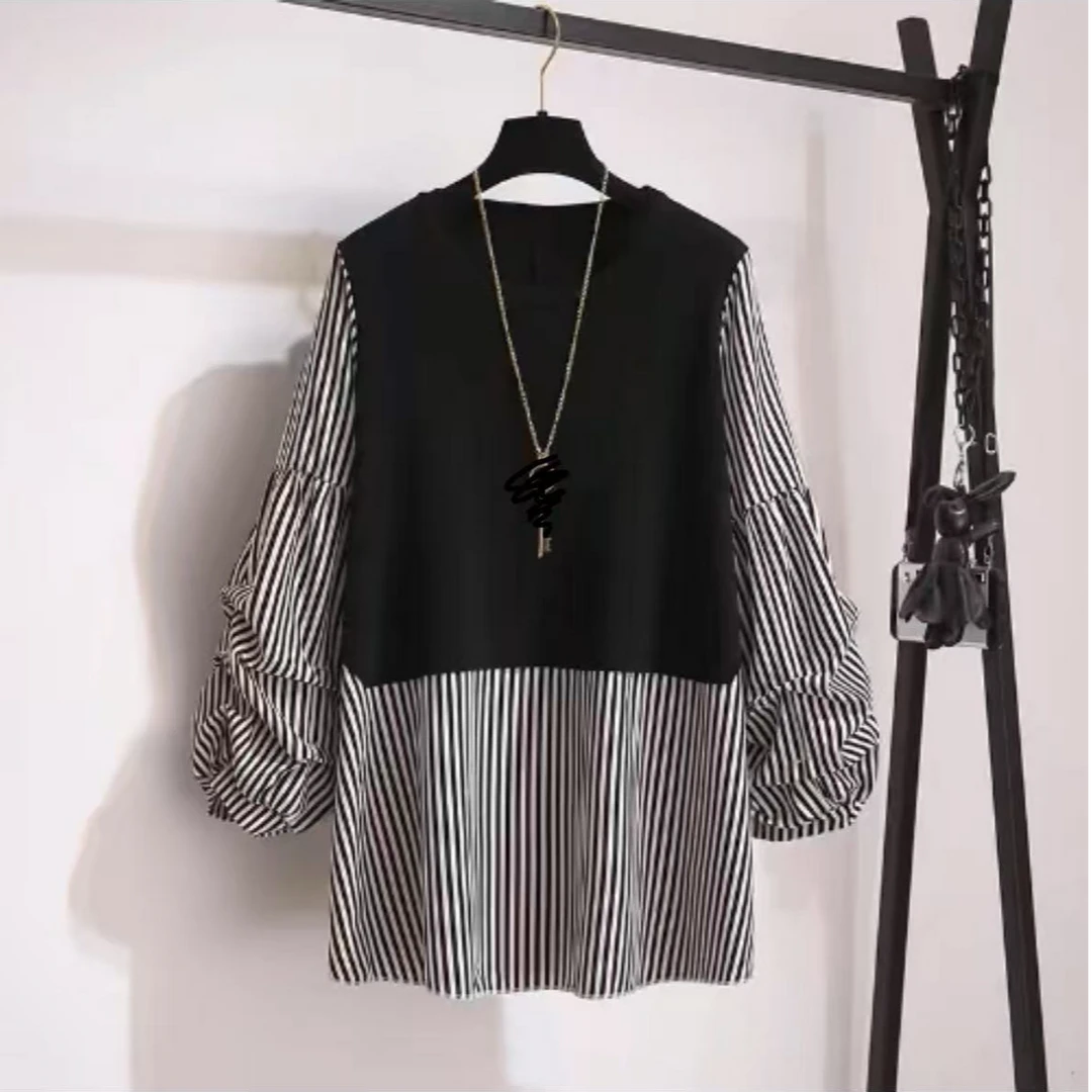 CP9244带链条黑白条纹拼接假两件上衣