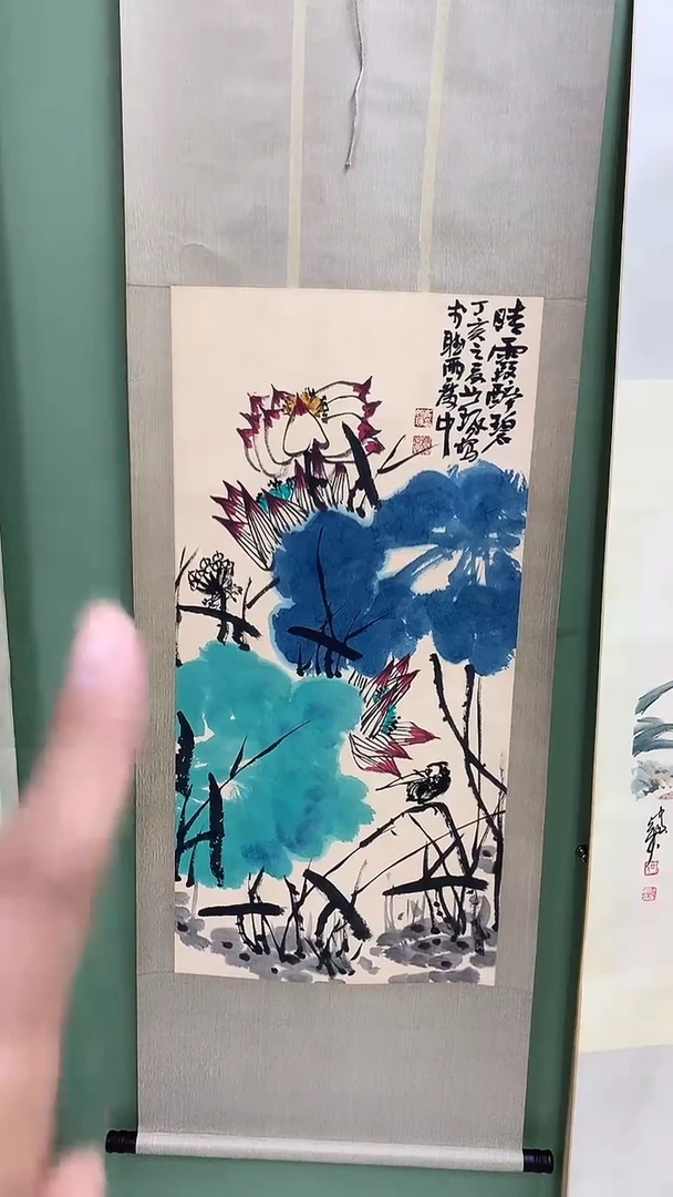 竖款精品三尺荷花卷轴，晴露