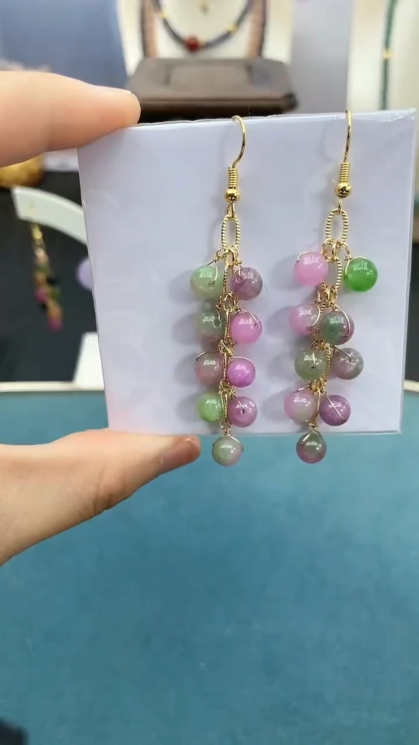 翡翠14K金镶嵌耳饰春彩鞭炮