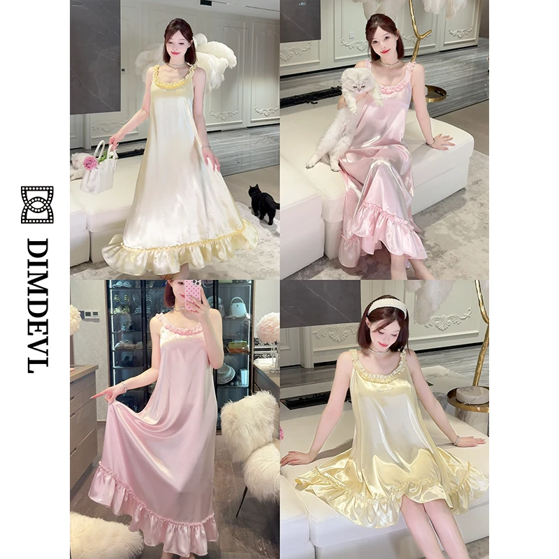 DIMDEVL/汀黛鎏光倚梦流光缎面奢华花边圆领早秋公主风长睡裙短裙