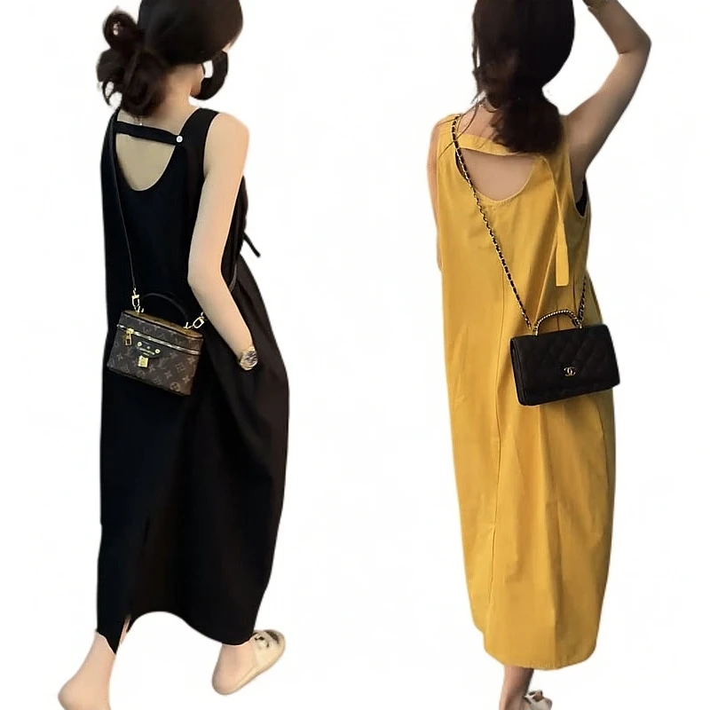 法式赫本风无袖圆领连衣裙女夏季高级感气质梨型身材宽松显瘦裙子