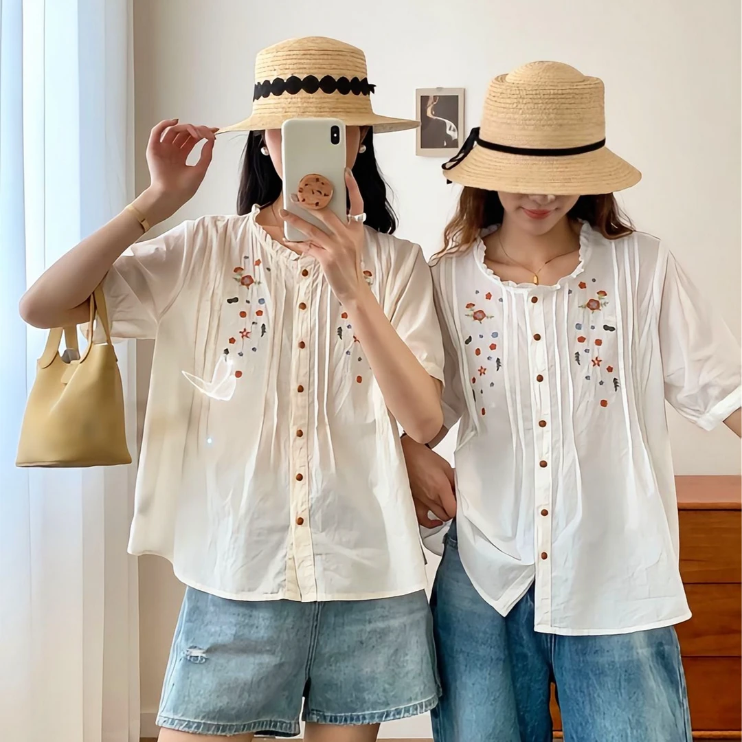 春游出行短袖刺绣波点花朵薄款民族风衬衫初夏韩版印花宽松