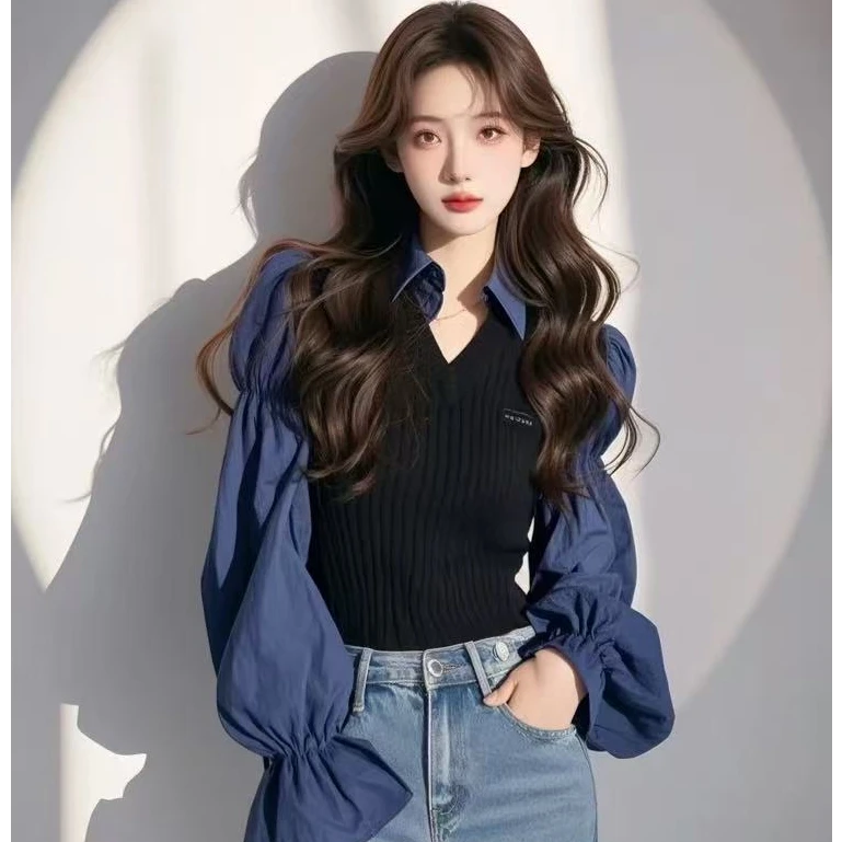 2025春季今年爆款收腰上衣高级小众不撞款超好看藏蓝色假两件衬衫