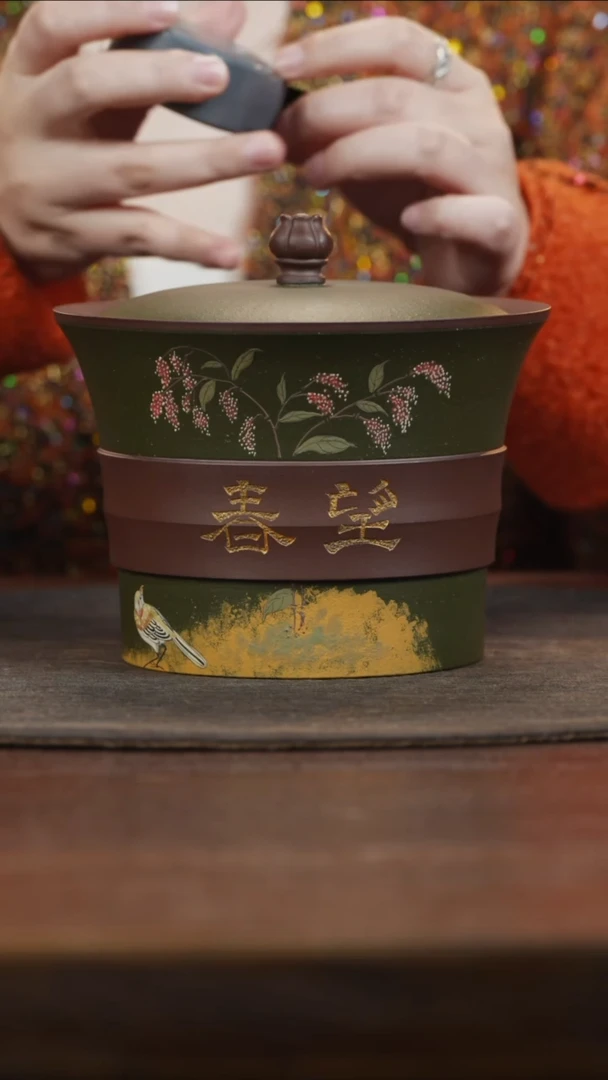 【闪购商品】紫砂茶叶罐绿泥刻望春闲趣罐